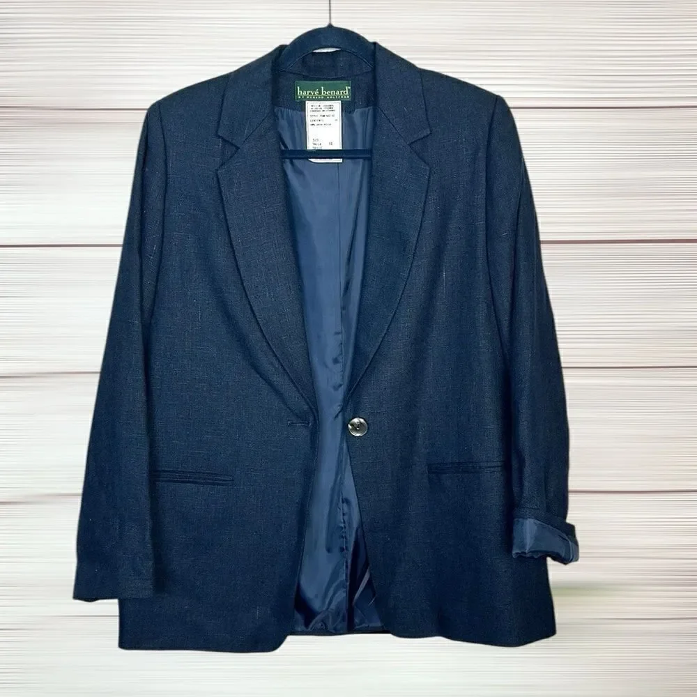 NWT Harve Benard Blue Linen Blazer Single Button Front US 10 Vintage